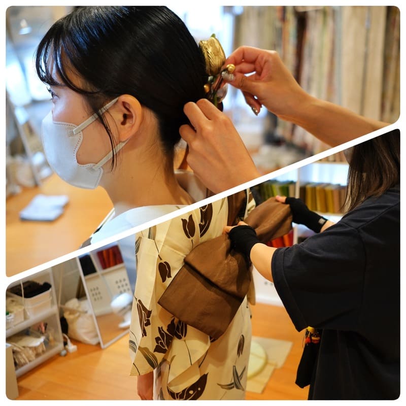 スタッフが着物の着付けとヘアセットを行う様子